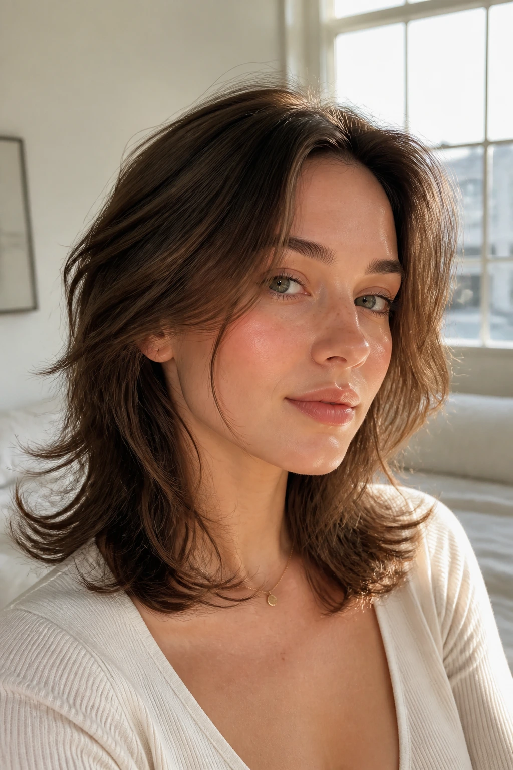 Close-up of real woman with no-bang wolf cut, face open