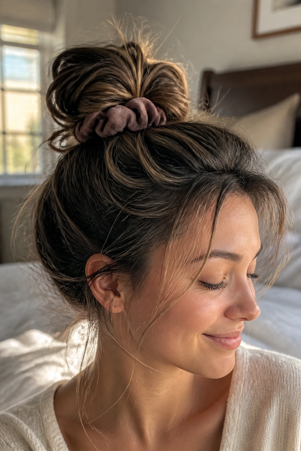 Close-up of a real woman's head with a loose no-heat overnight bun in a cozy bedroom.