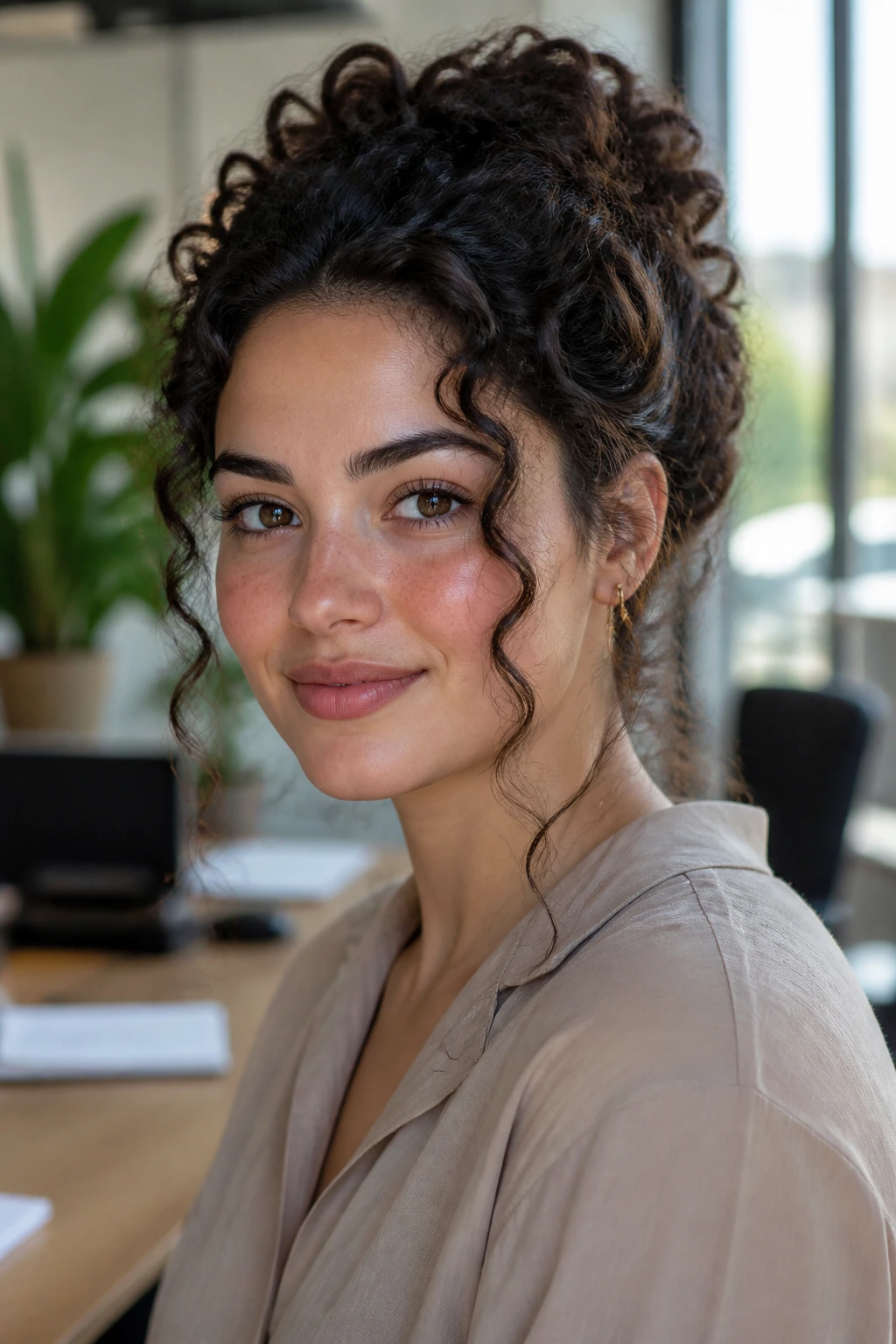 Real woman with no-heat hairstyle in office setting