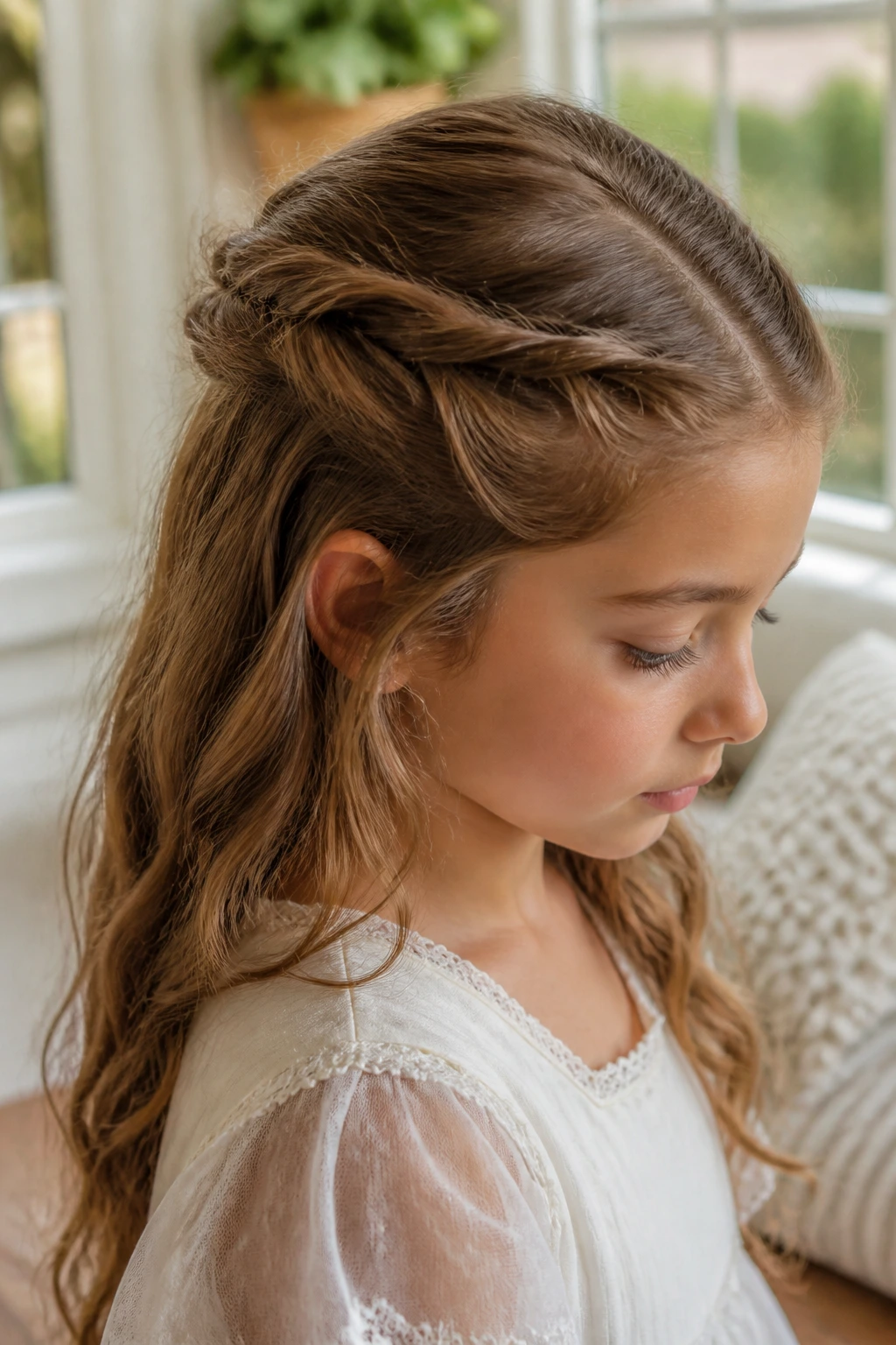 Close-up of child with no-heat twist half-up hairstyle