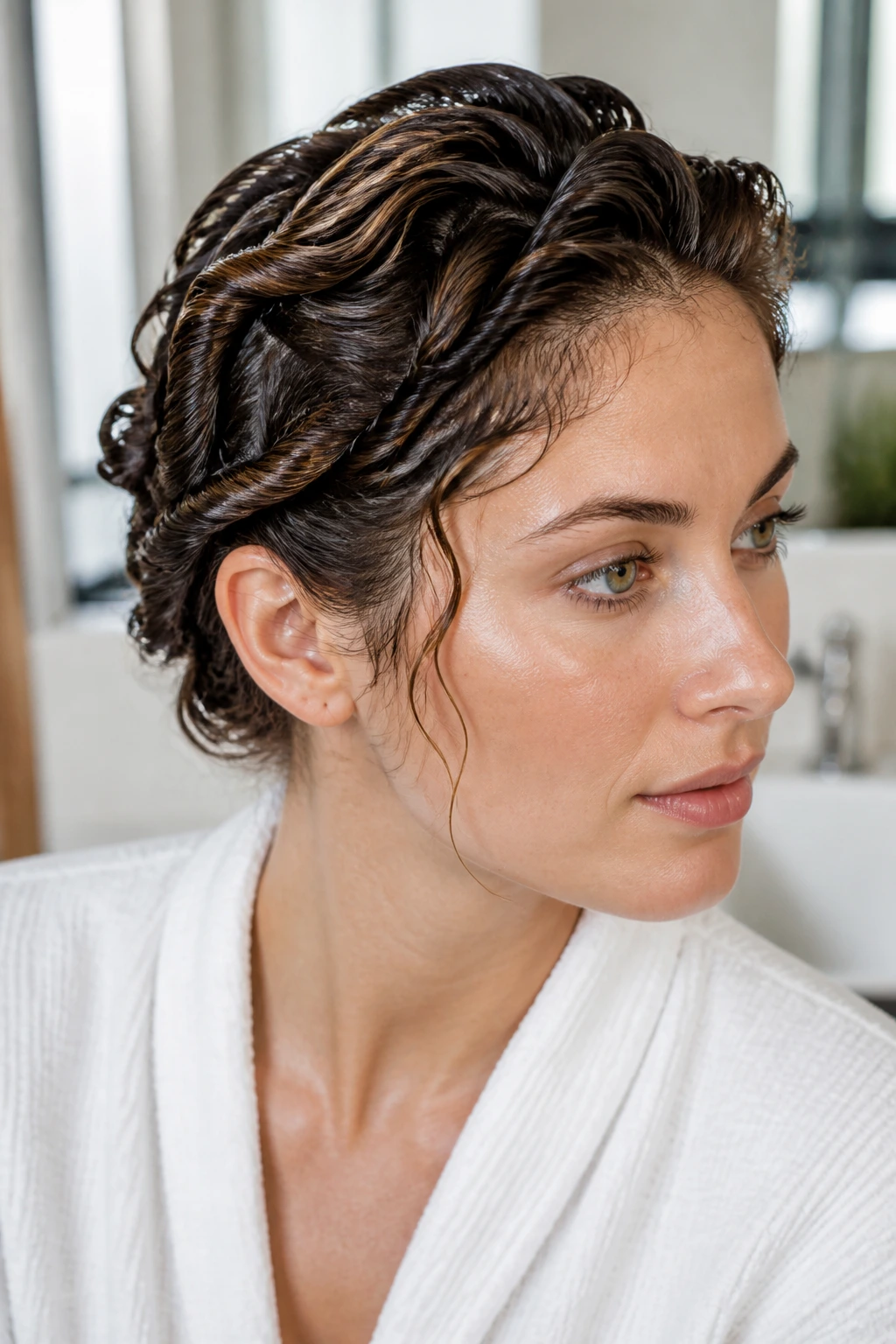Portrait of a woman with no-heat twist waves created by twisting damp hair away from the face