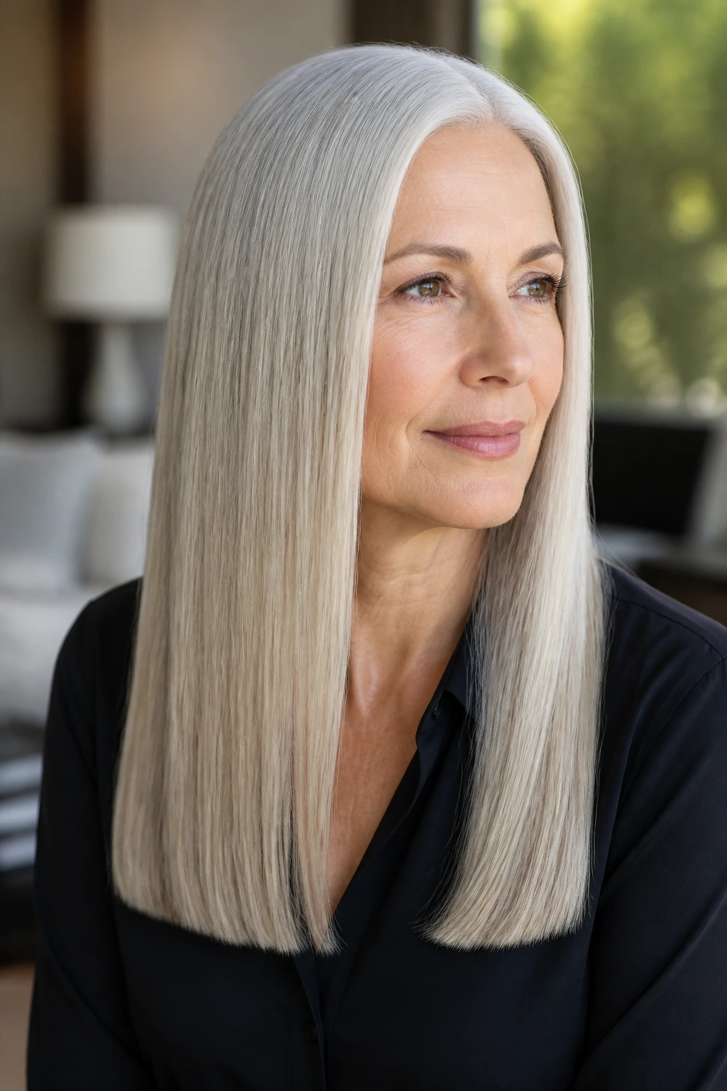 Close-up of a real woman with blunt no-layer straight hair