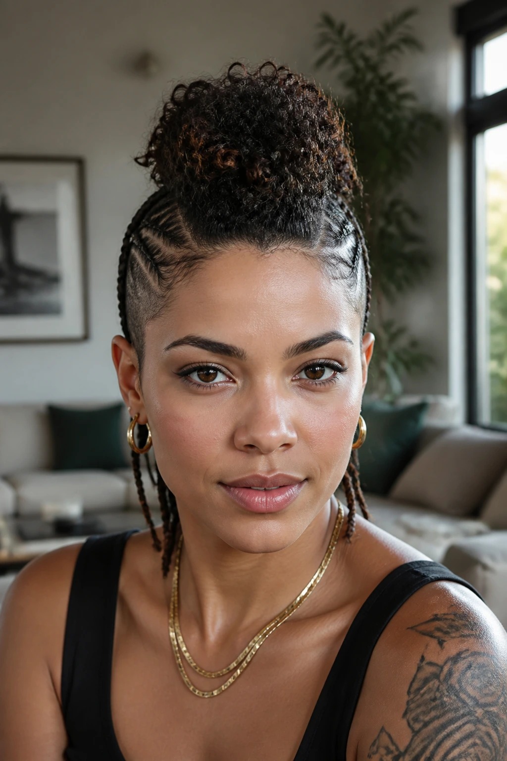 Portrait of real person with No-Shave Hawk showing braided sides