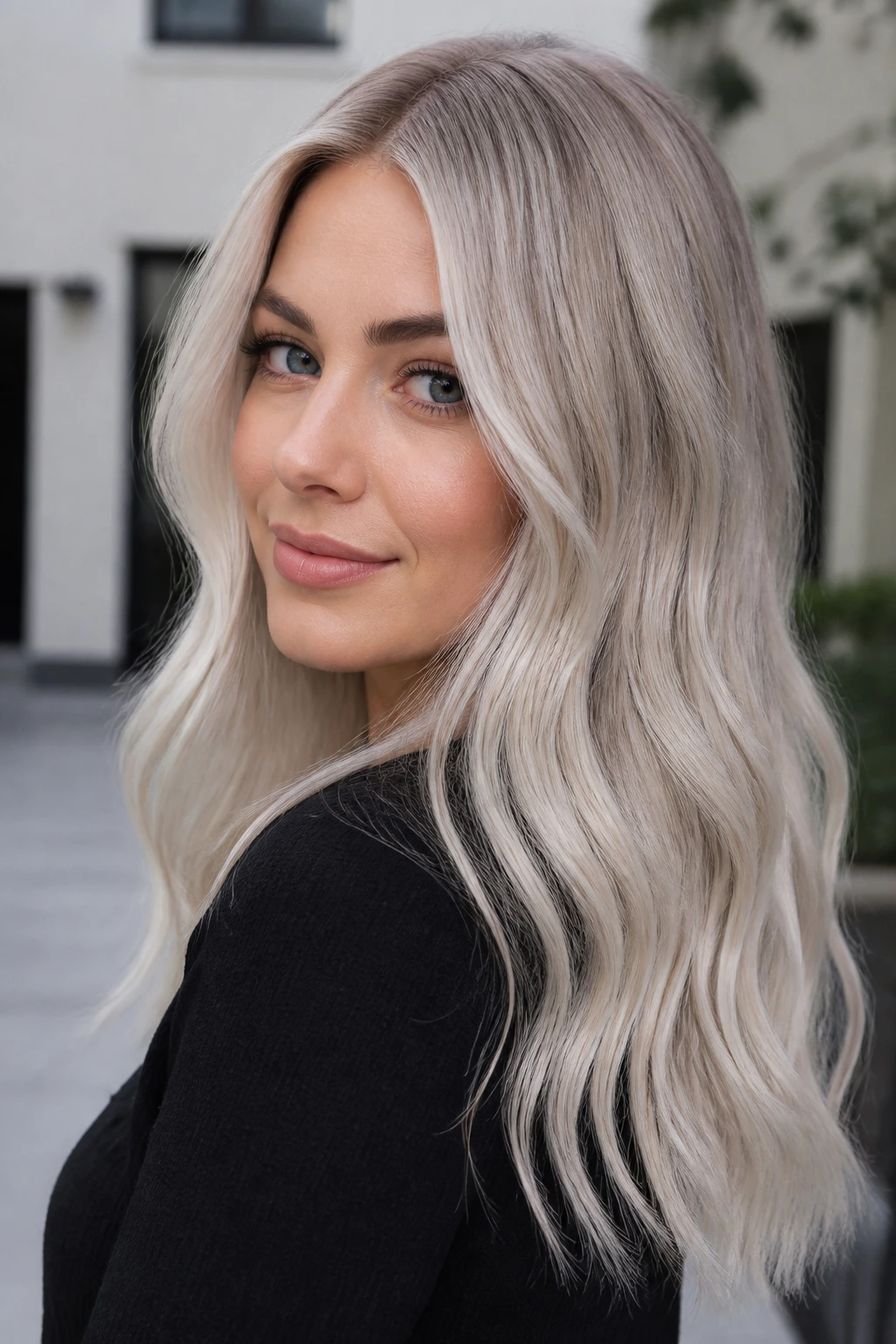 Close-up of Nordic ash blonde hair with shadow root on a real person