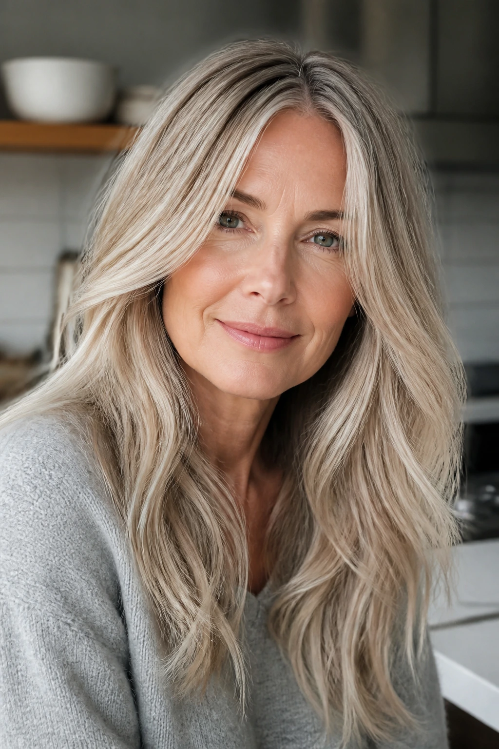 Close-up of a real woman with Nordic beige blonde hair in morning light