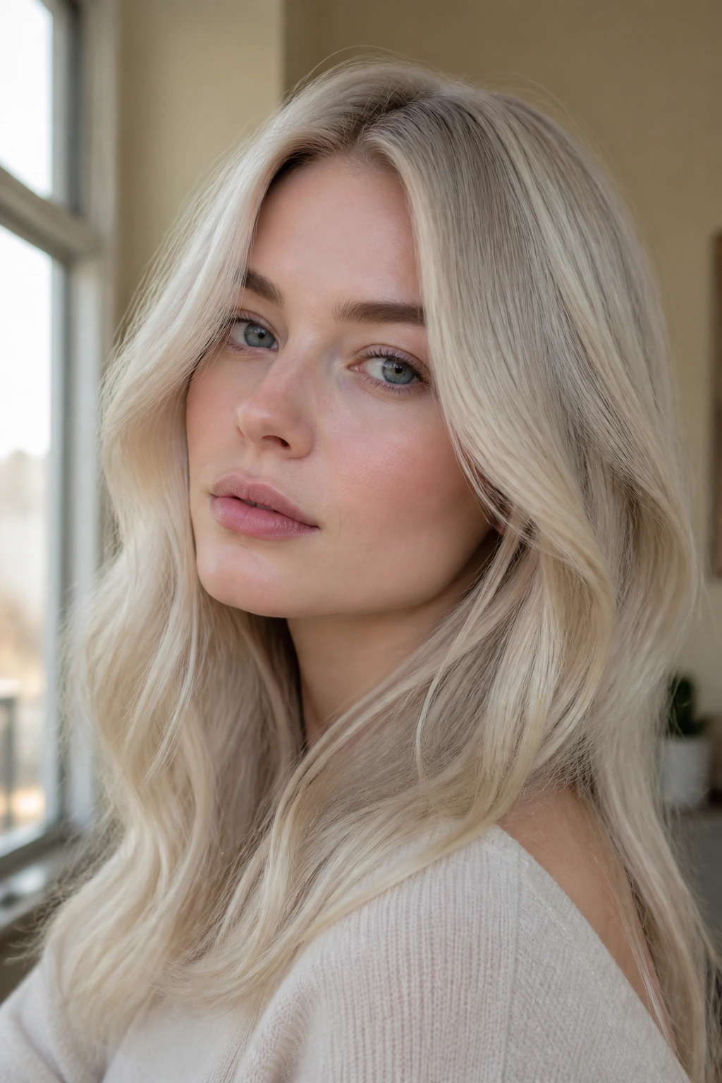 Portrait of a woman with Nordic beige blonde hair in natural light