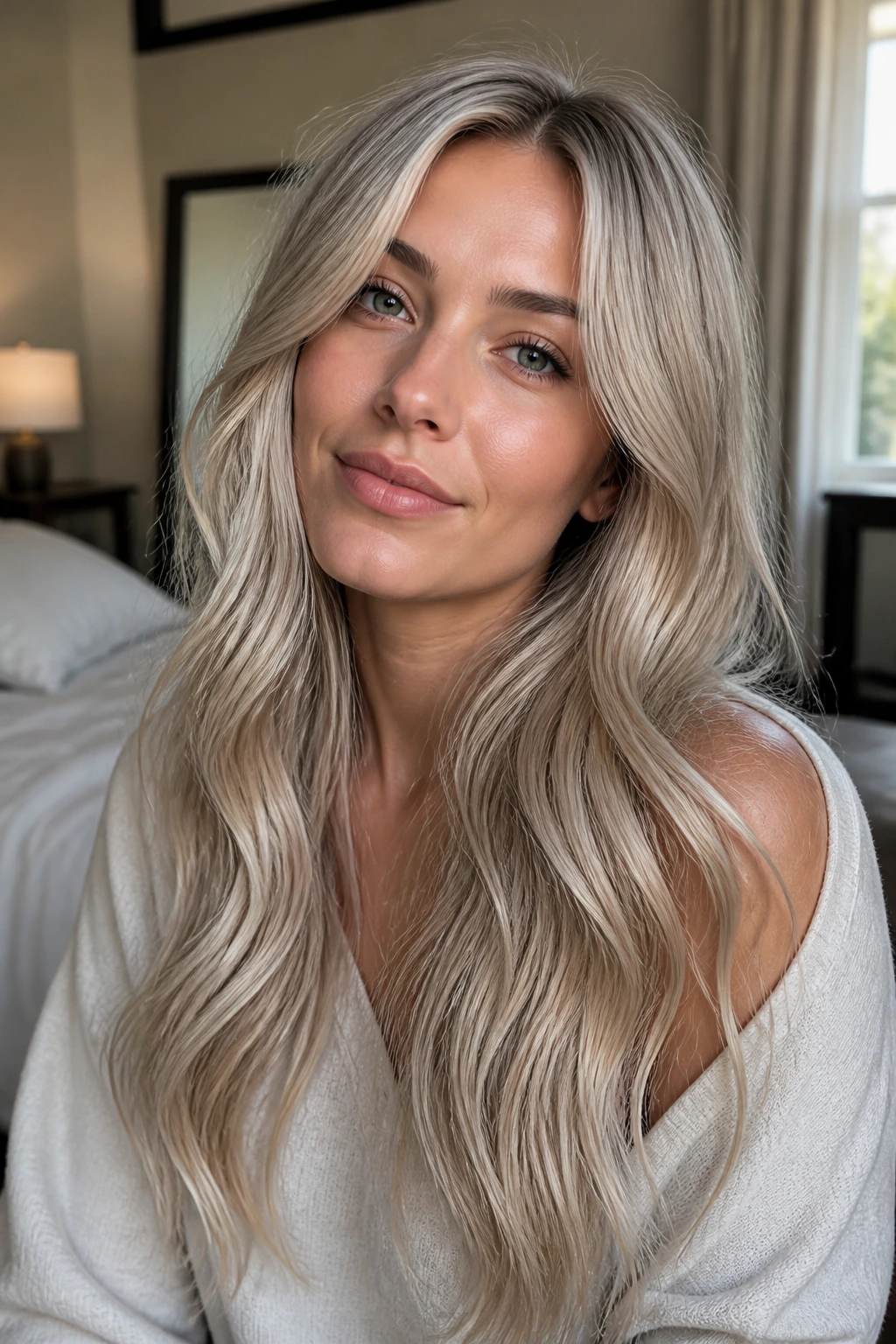 Close-up of a real woman's long waves in Nordic beige blonde