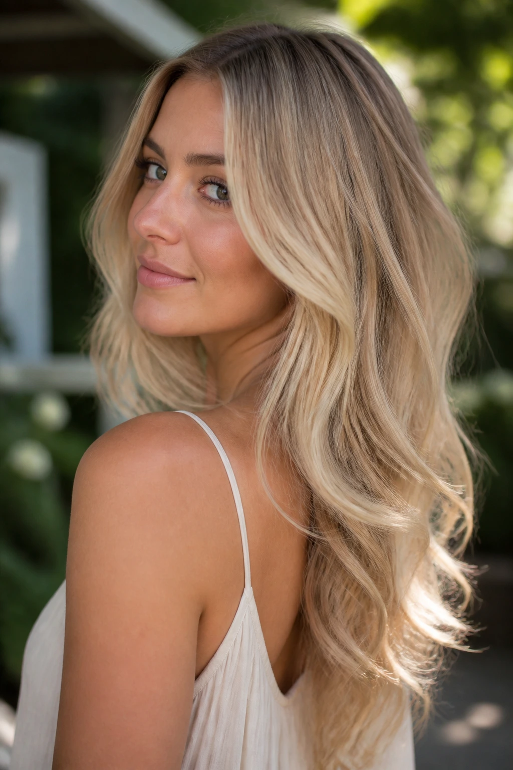 Medium-close portrait of Nordic beige long layers in natural light