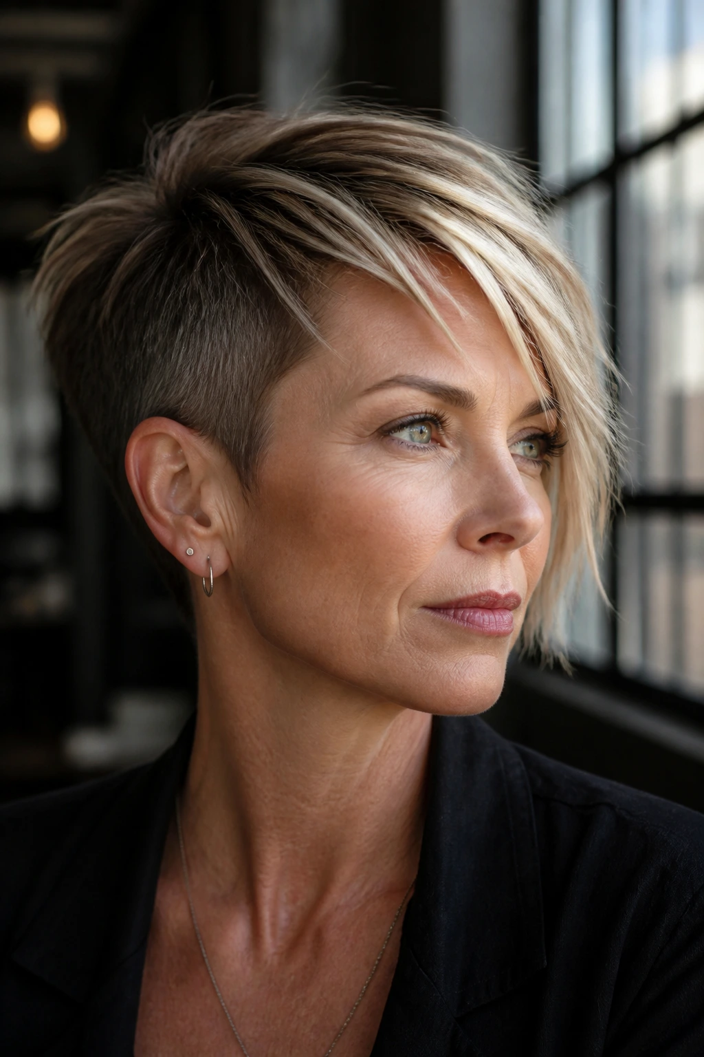 Portrait of a person with an asymmetrical cut and Nordic blonde accent streaks.