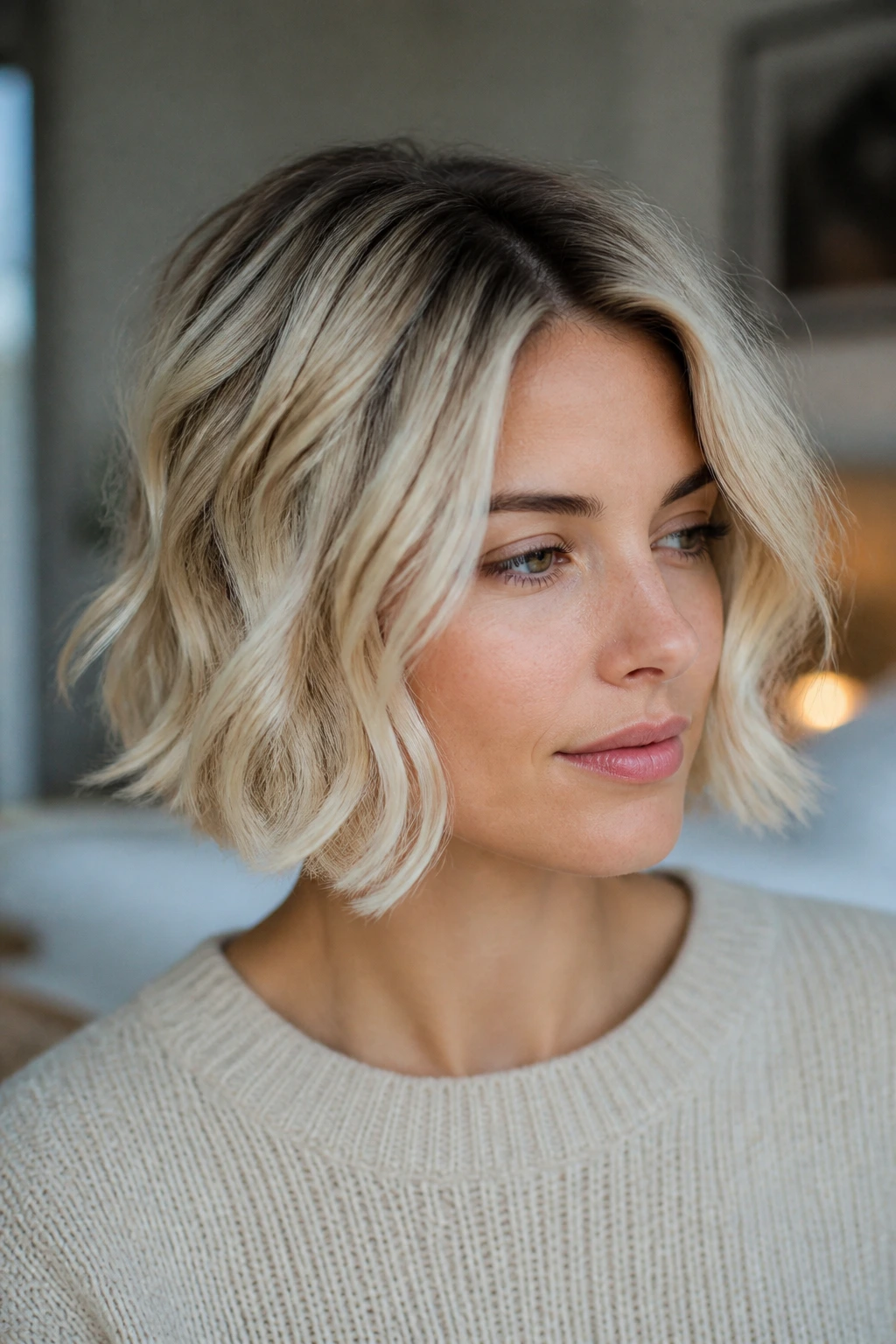Close-up of real woman with Nordic blonde waves and dark root line.