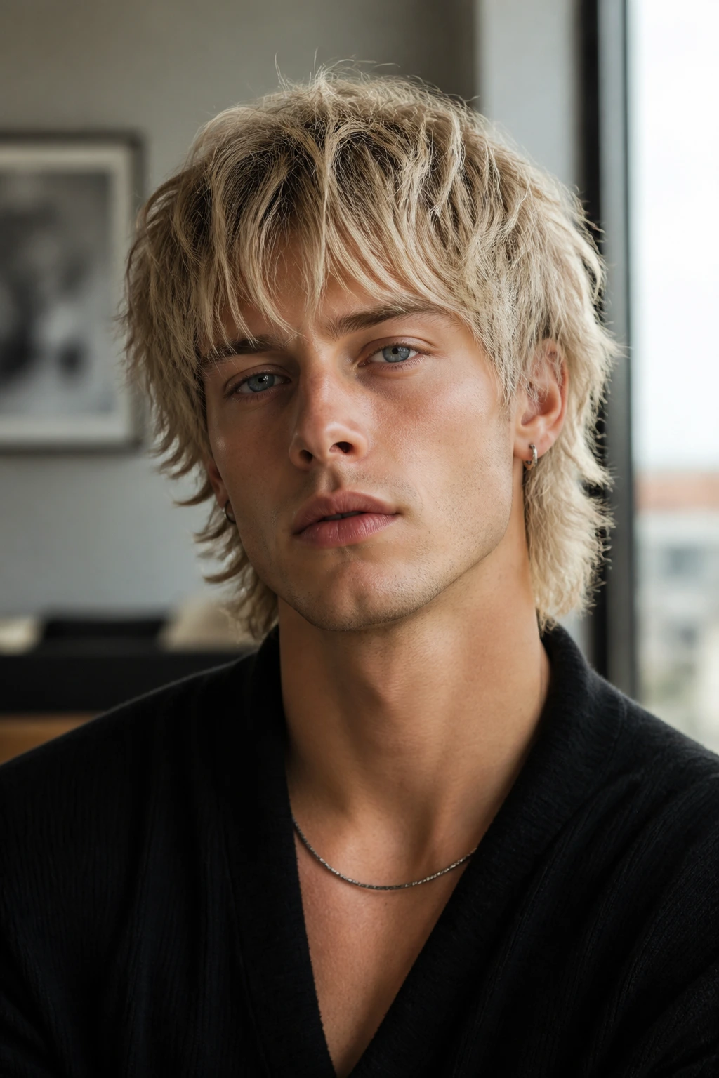 Close-up of a man with Nordic blonde wolf cut, showcasing textured layers and cool blonde color