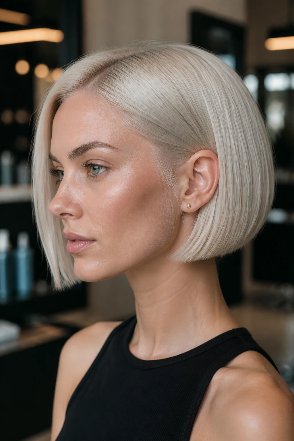 Close-up of a real woman with Nordic cream micro-bob