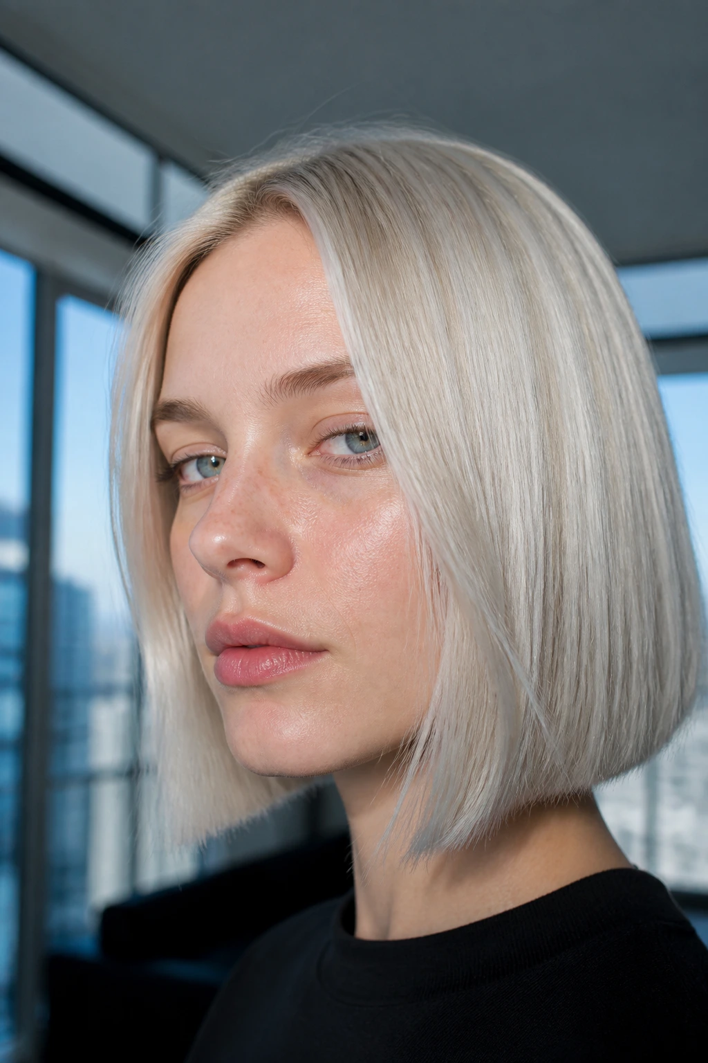 Close-up portrait of a real woman with Nordic ice blonde blunt bob in blue daylight