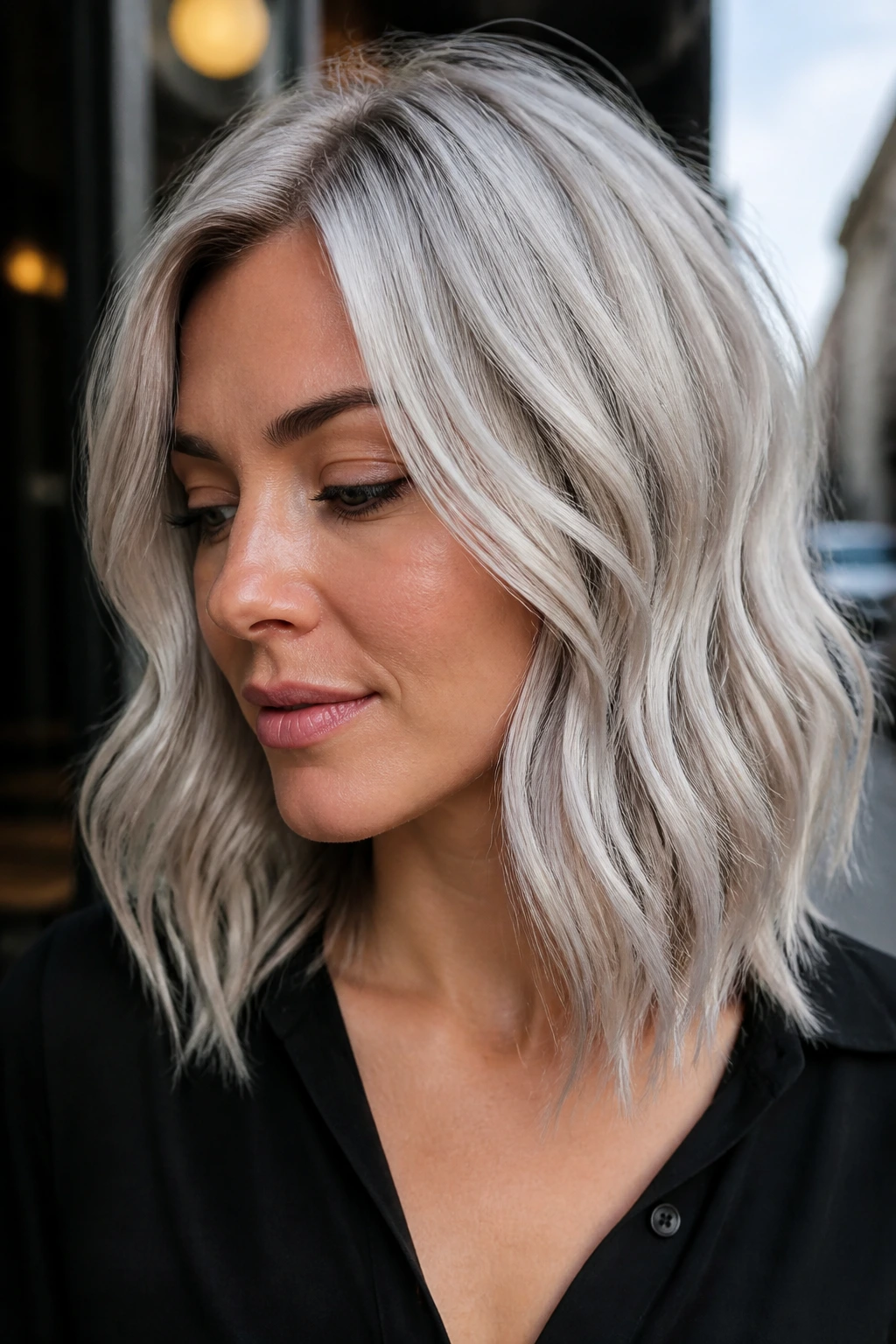 Close-up of a real woman with Nordic ice blonde and silver lowlights on shoulder-length hair