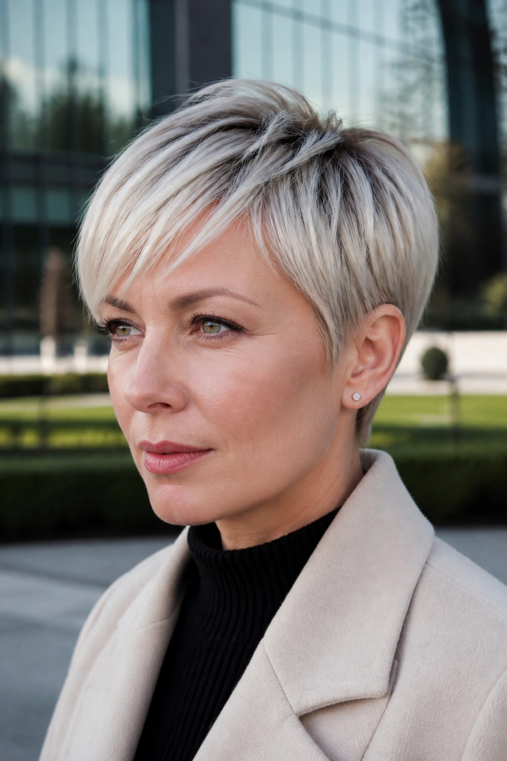 Portrait of a real person with Nordic ice pale blonde short crop in cool outdoor setting.
