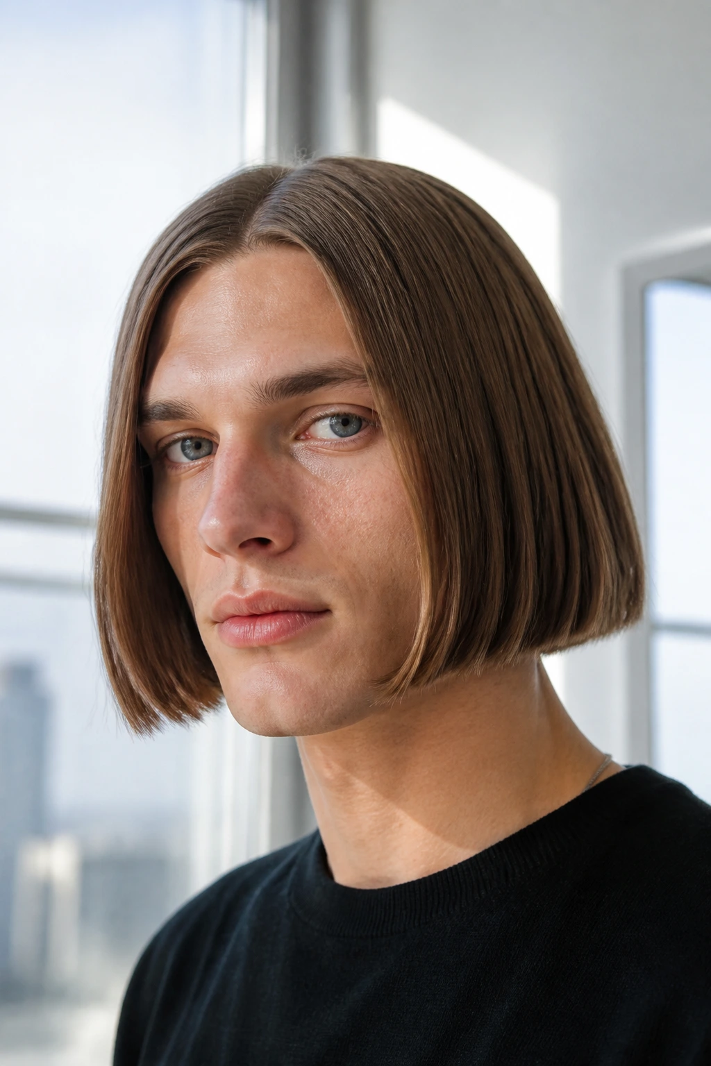 Man with a Nordic straight bob and clean middle part in a bright apartment