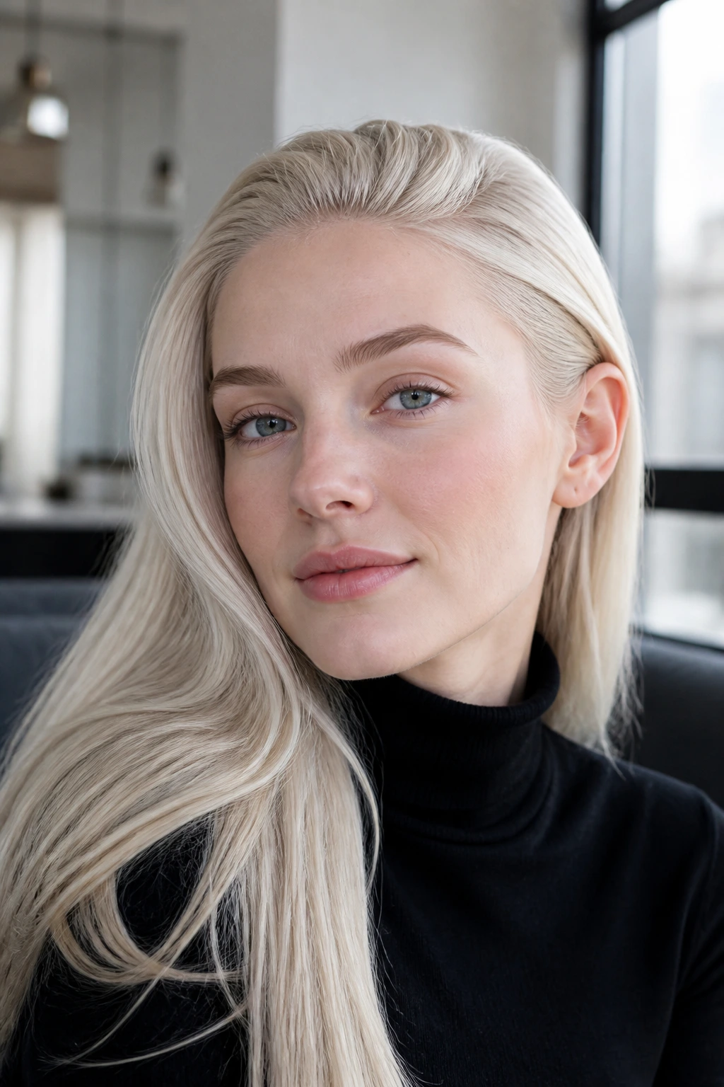Close-up of a real woman with Nordic white blonde and a clean hairline.