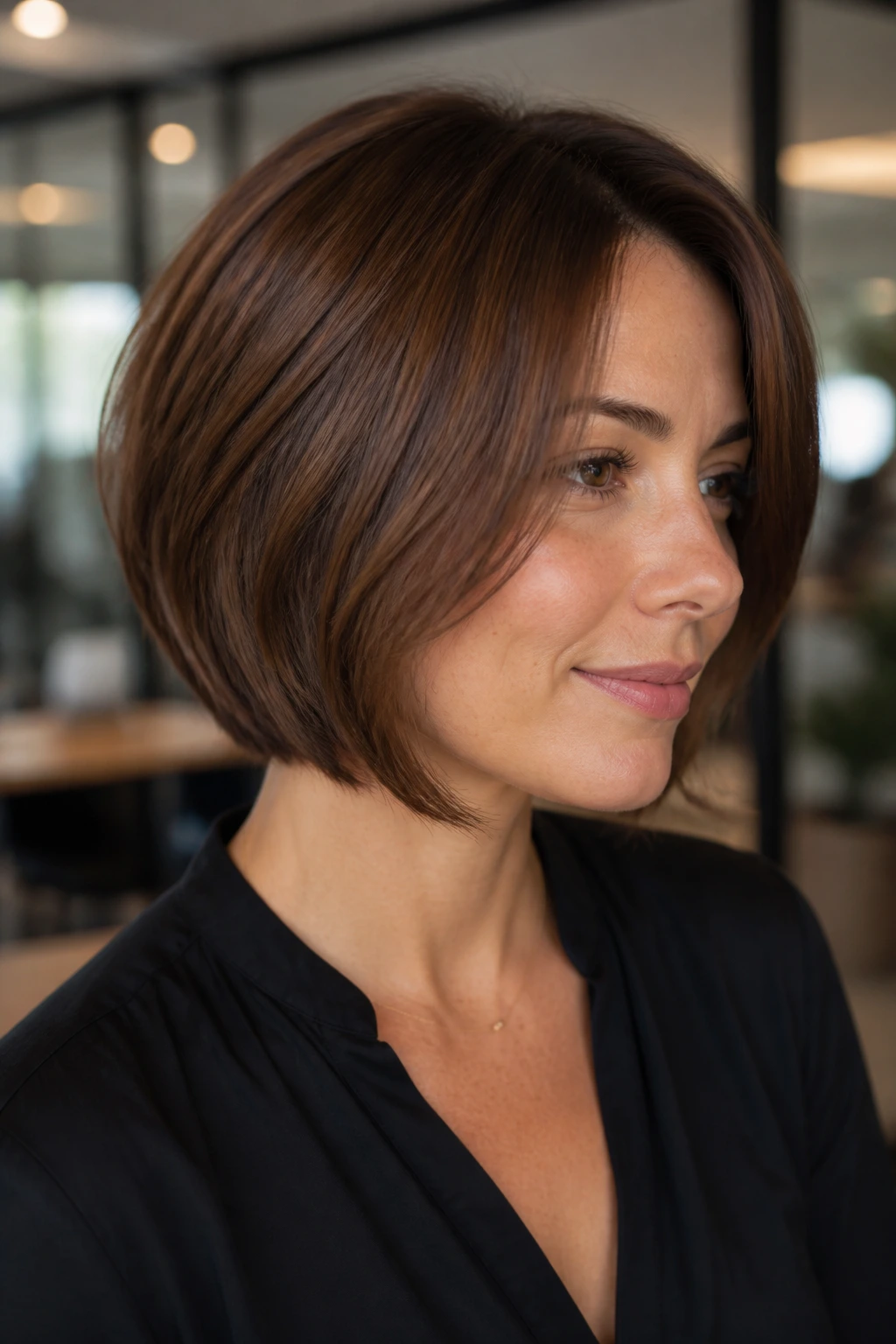 Close-up of a real woman with nutmeg brown bob featuring hidden layers.