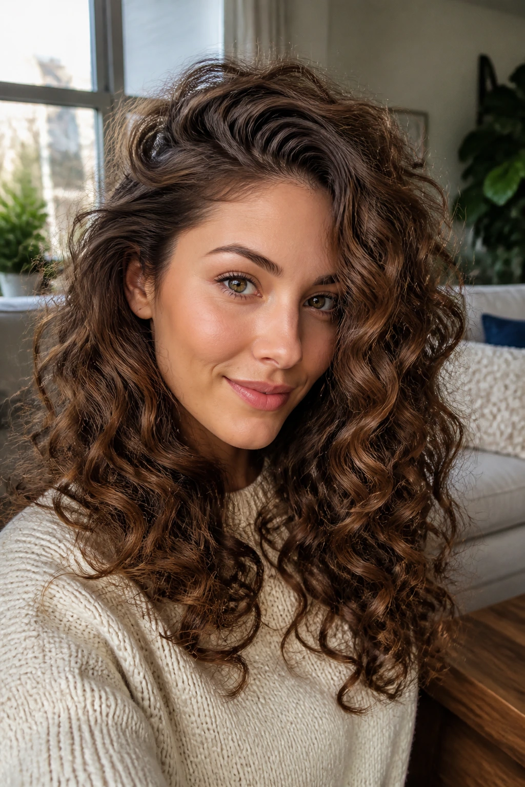 Nutmeg brunette with deep side part on a real person