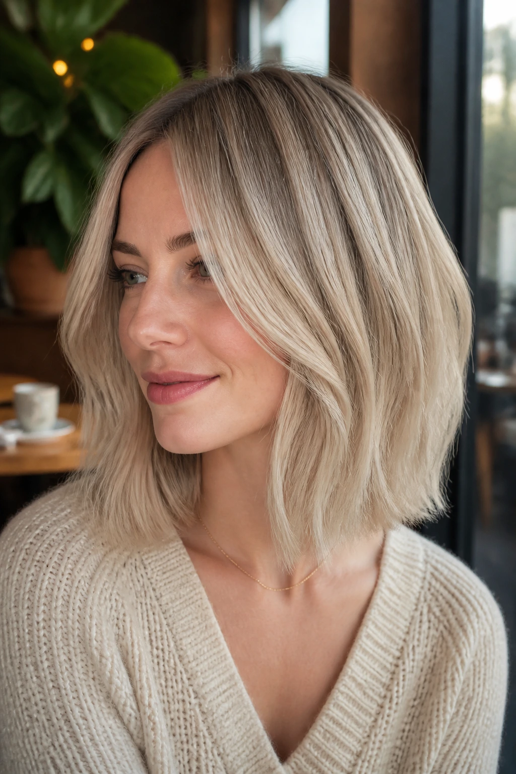 Portrait of a woman with an oat milk beige lob in soft milky blonde tones.