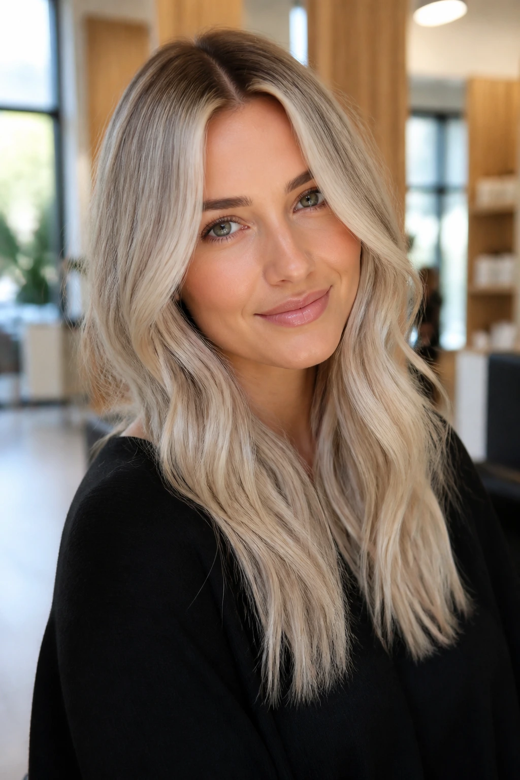 Oat milk blonde with shadow root on real woman, close-up portrait