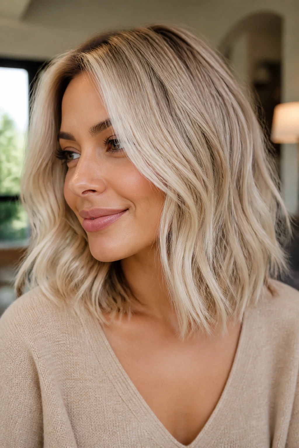 Portrait of a real person with oat milk blonde lob in creamy tones.