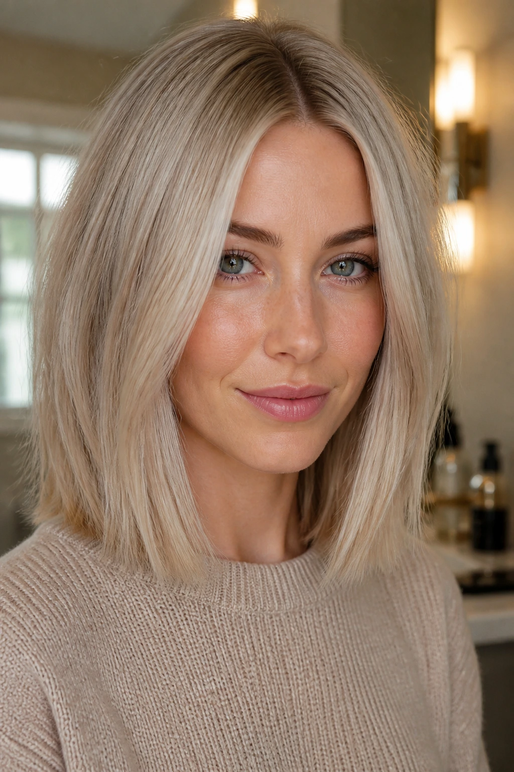 Close-up portrait of a woman with oatmilk blonde lob under natural window light