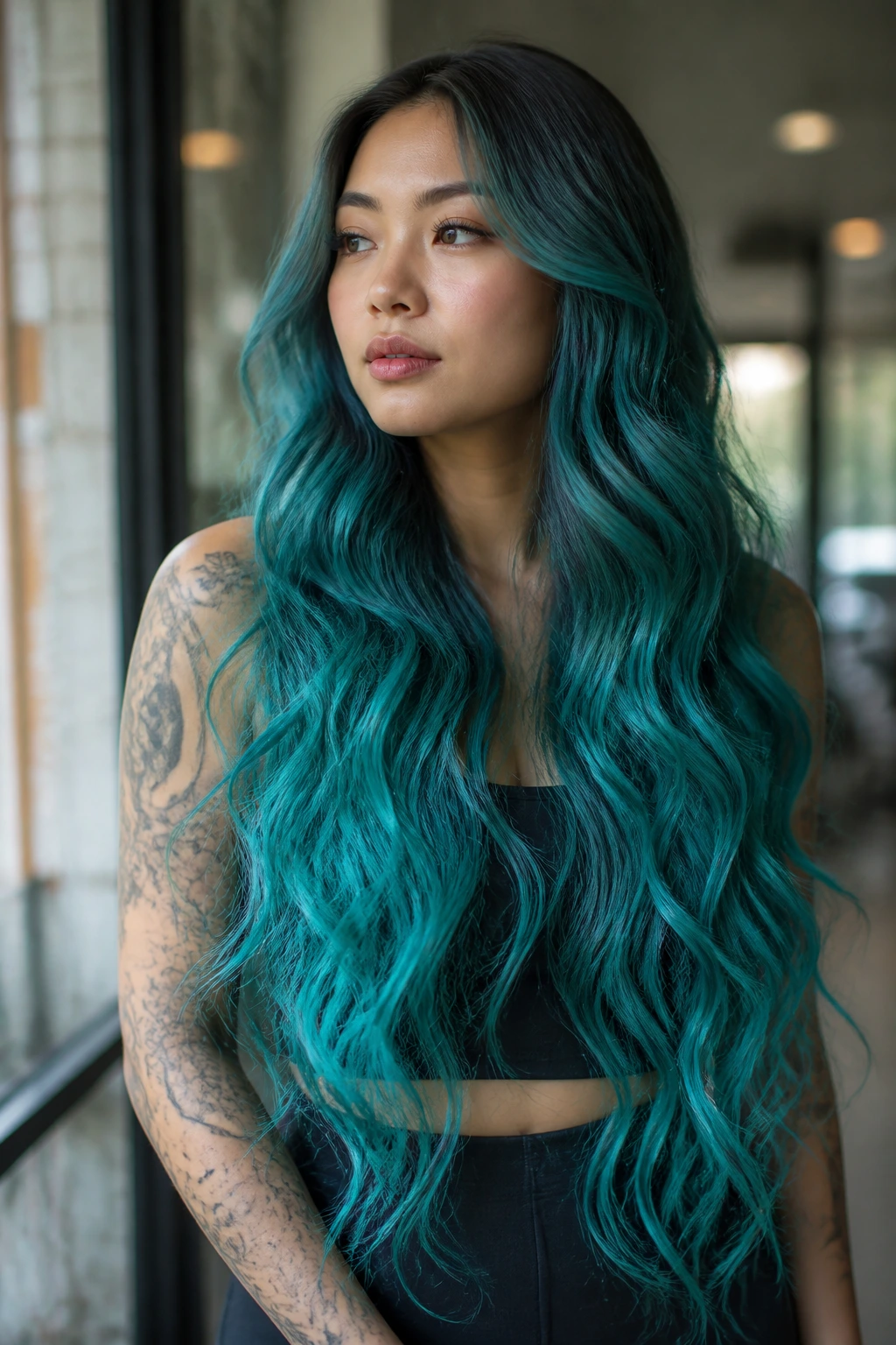 Close-up of waist-length hair with ocean teal melt from root to turquoise ends