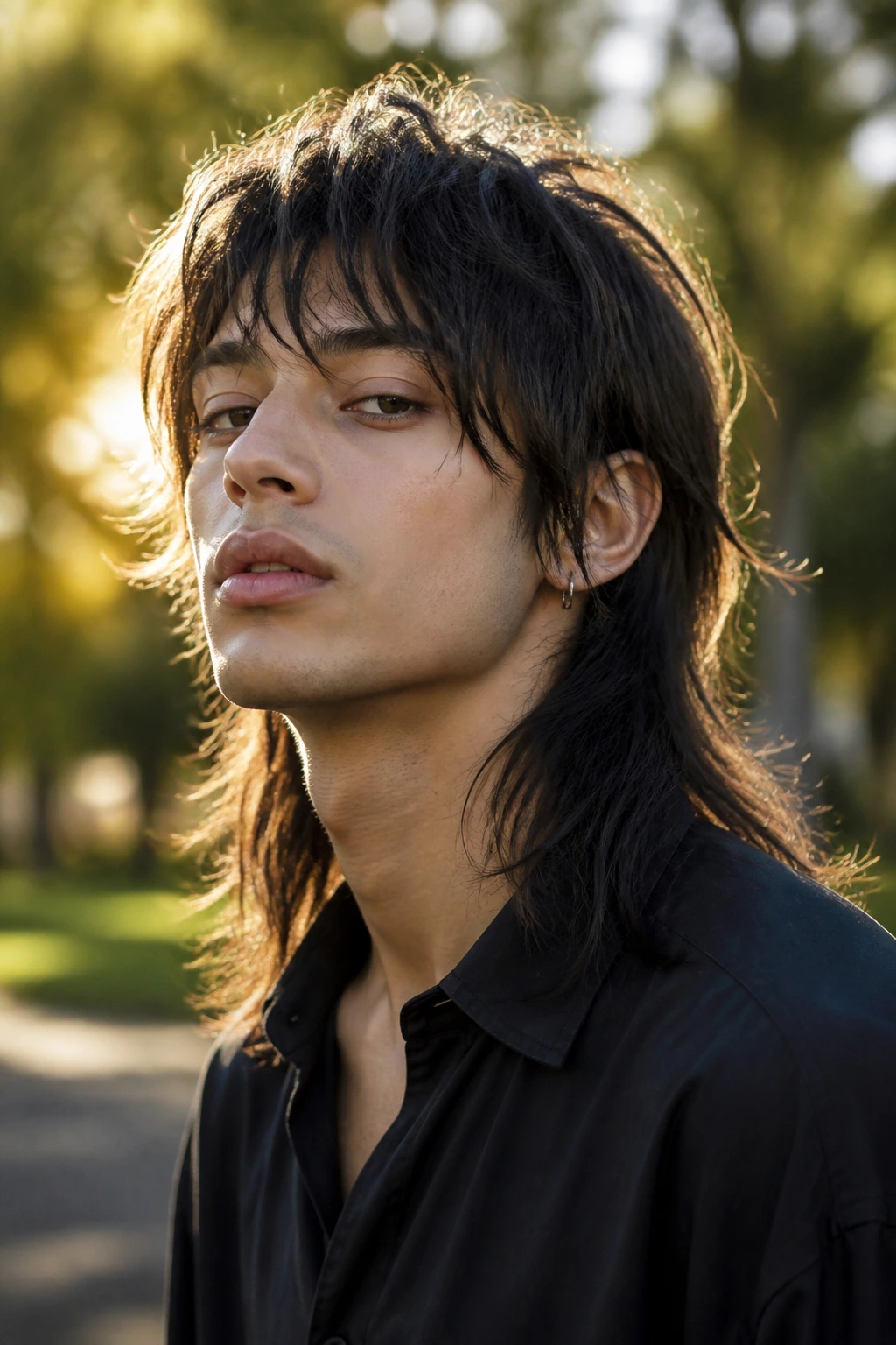 Portrait of real person with long octopus mullet in a sunlit outdoor setting.