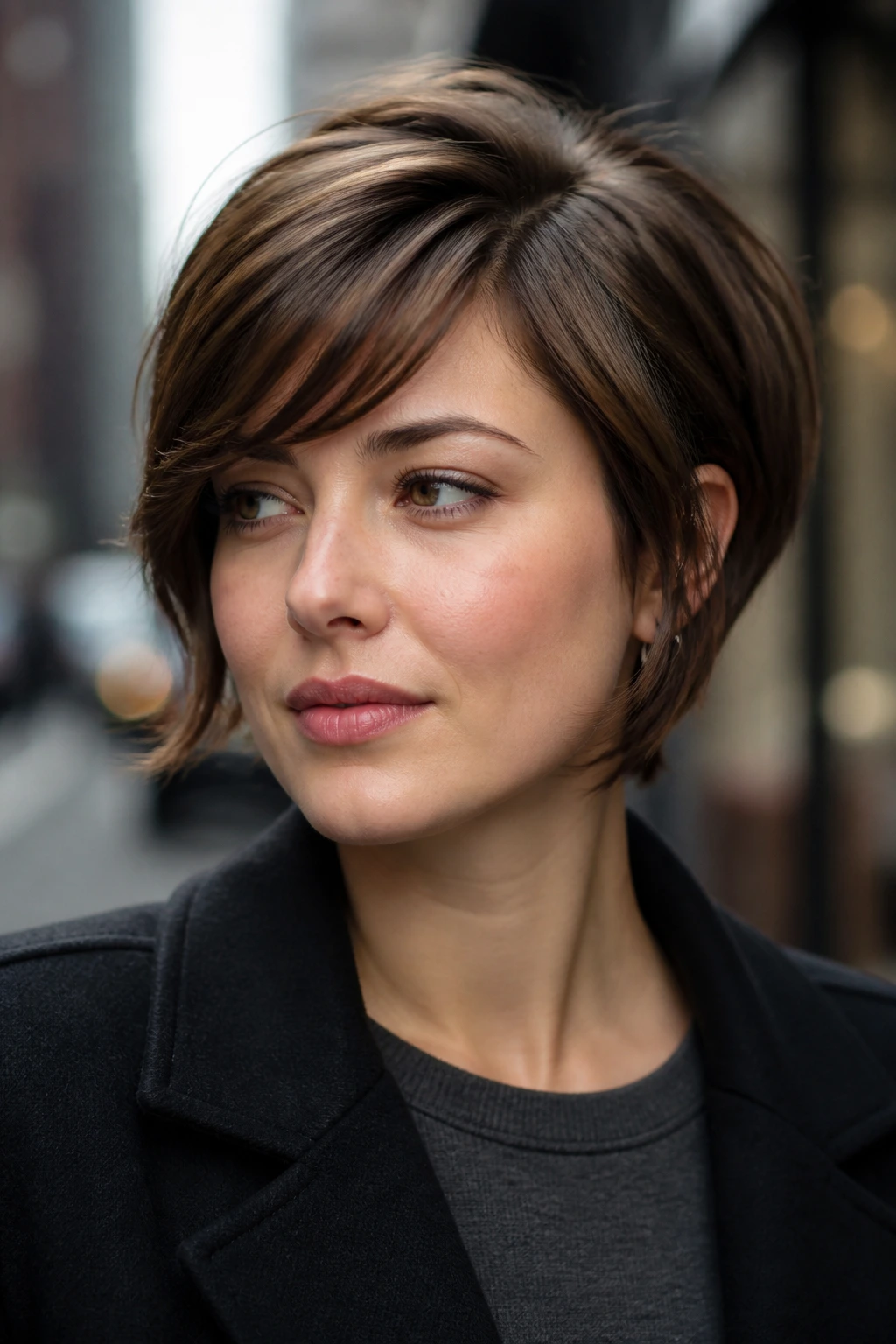 Portrait of off-center arc bangs on a real person