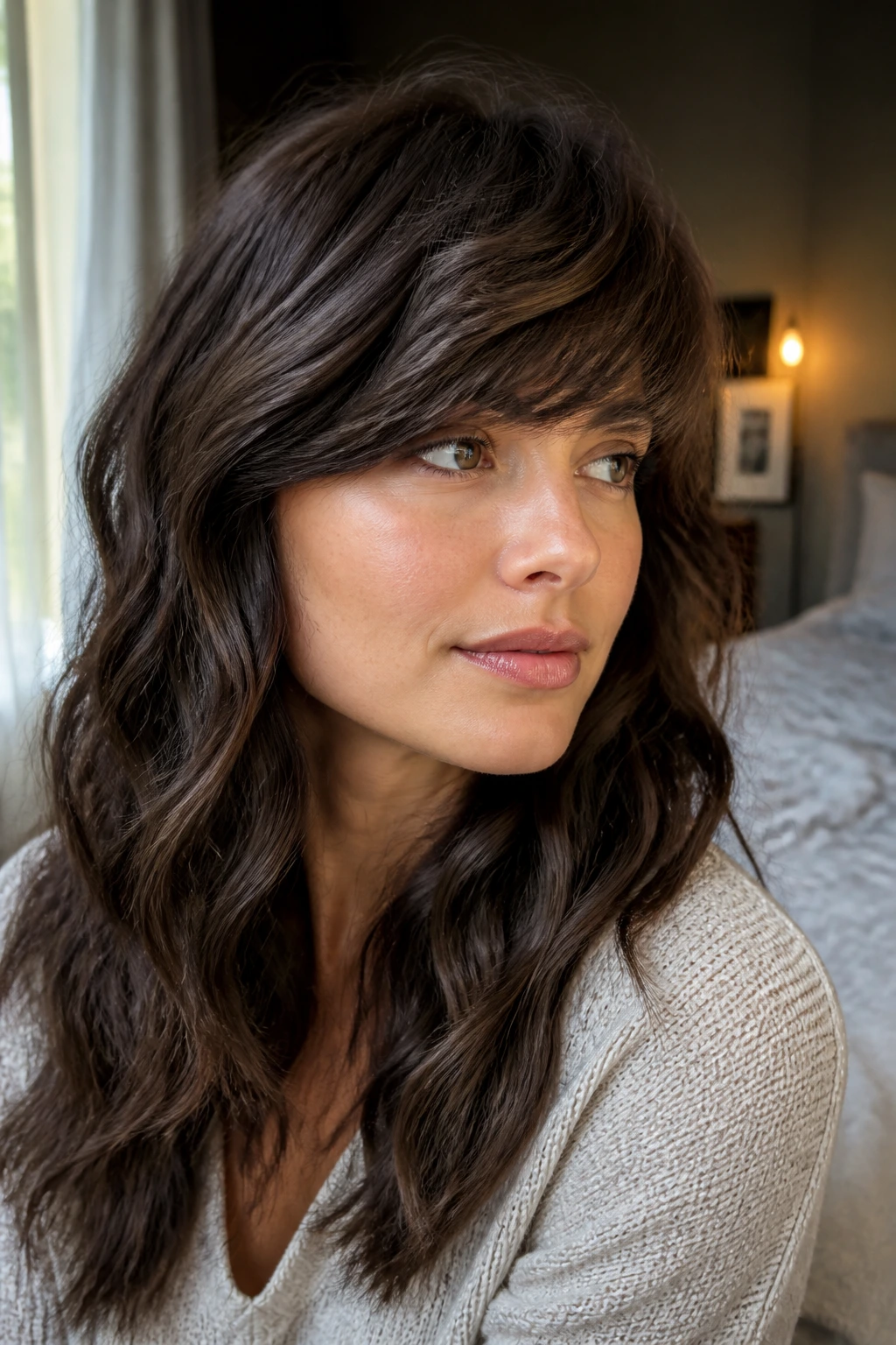 Close-up of a real woman with off-center bottleneck bangs on thick wavy hair.