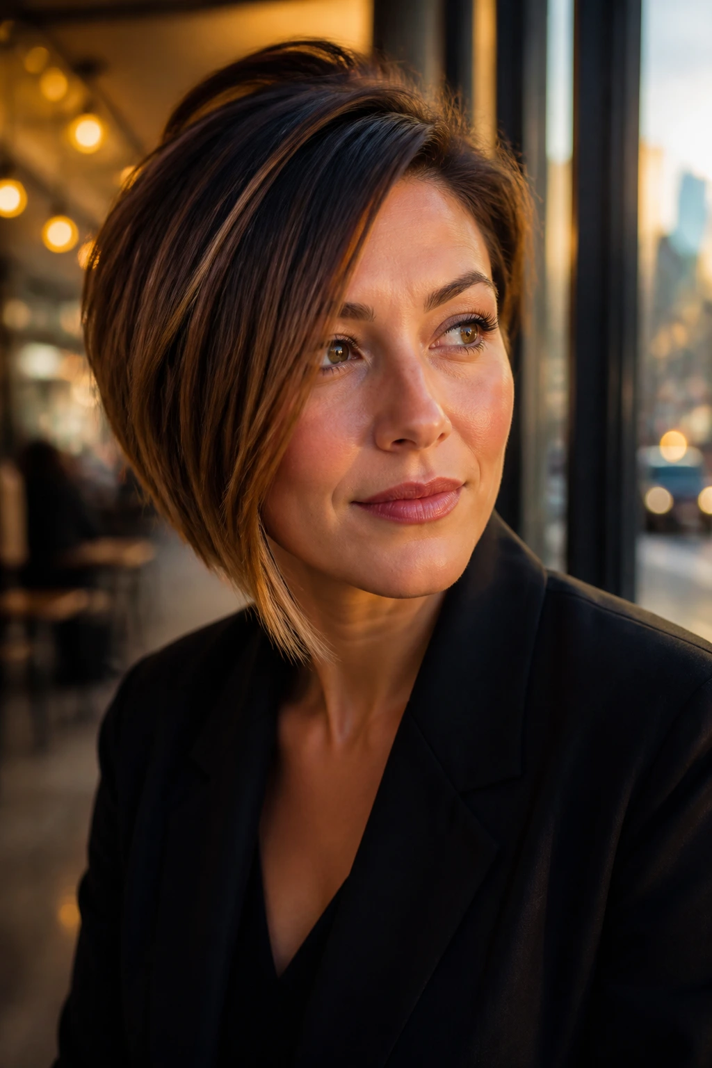 Close-up portrait of a real woman with a graduated off-center bob in cafe window light.