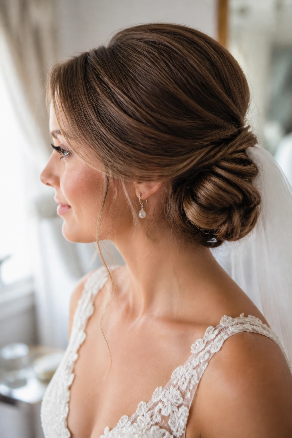 Real bride with off-center low chignon in soft window light