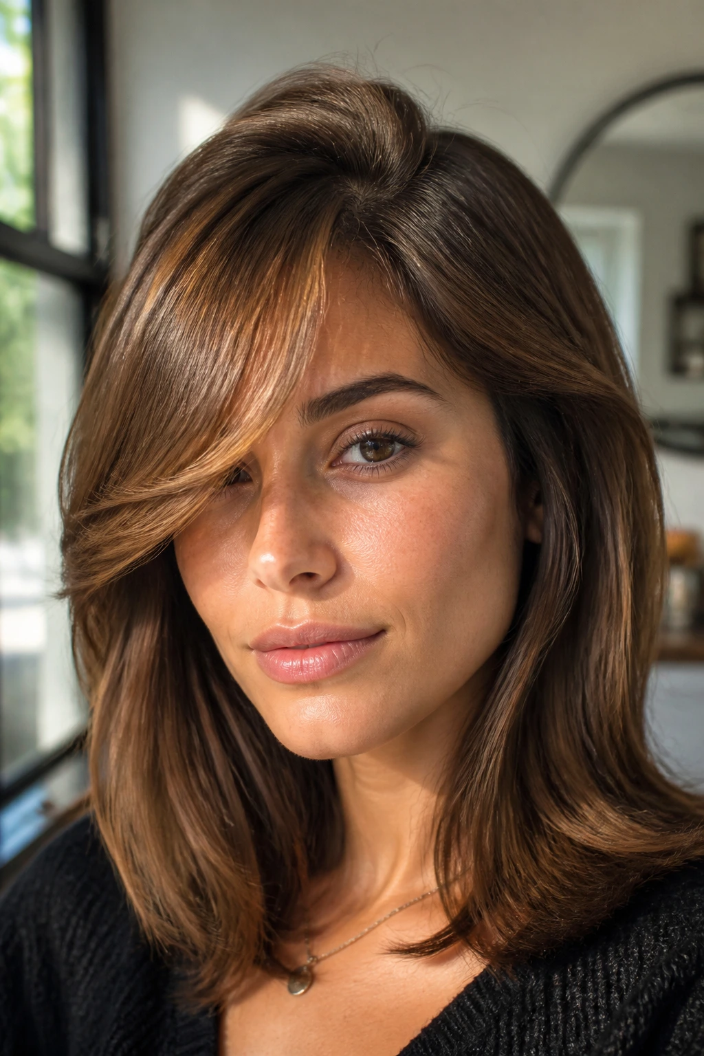 Close-up of a real person with off-center curtain bangs and deep side part