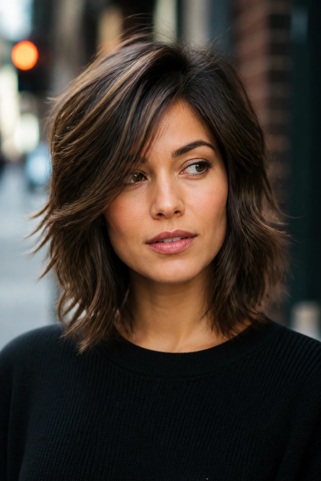 Close-up of a real person with an off-center diagonal part shag outdoors in daylight.