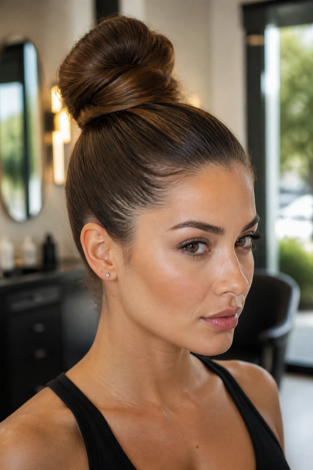 Close-up of real woman with off-center high bun