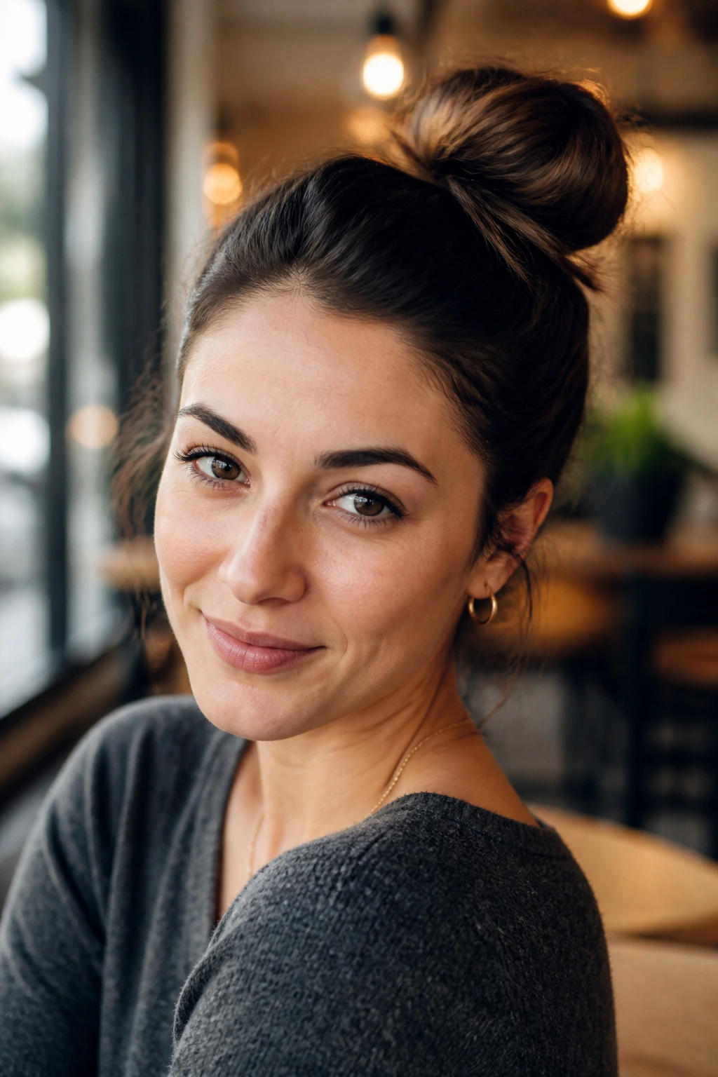 Close-up of a real woman with an off-center top knot hairstyle in a cafe setting.