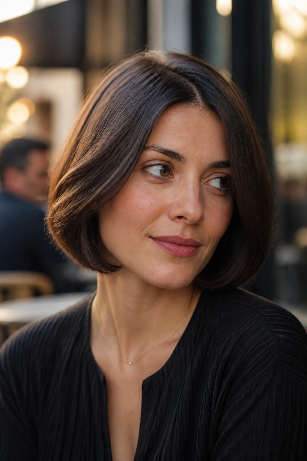 Portrait of a woman with an off-center part Italian bob
