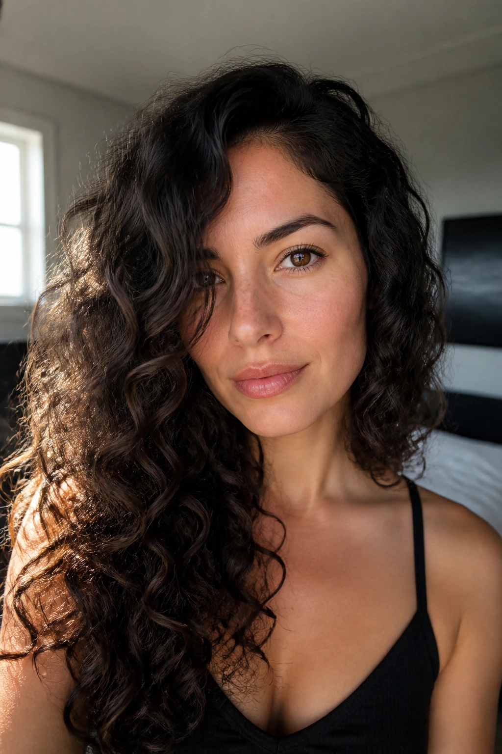 Close-up portrait of a real woman with off-center part and jaw-frame curls