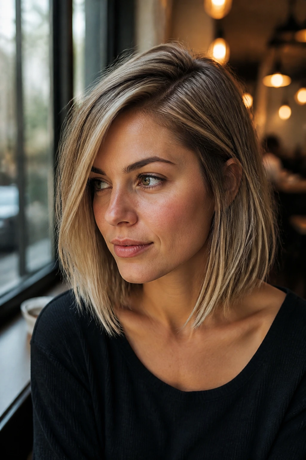 Close-up portrait of a real woman with off-center part and crown lift lob