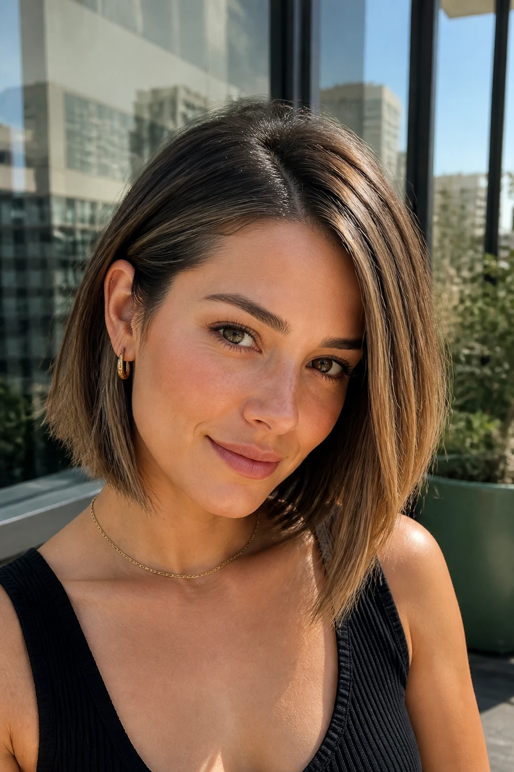 Portrait of real woman with off-center part lob and natural root shadow