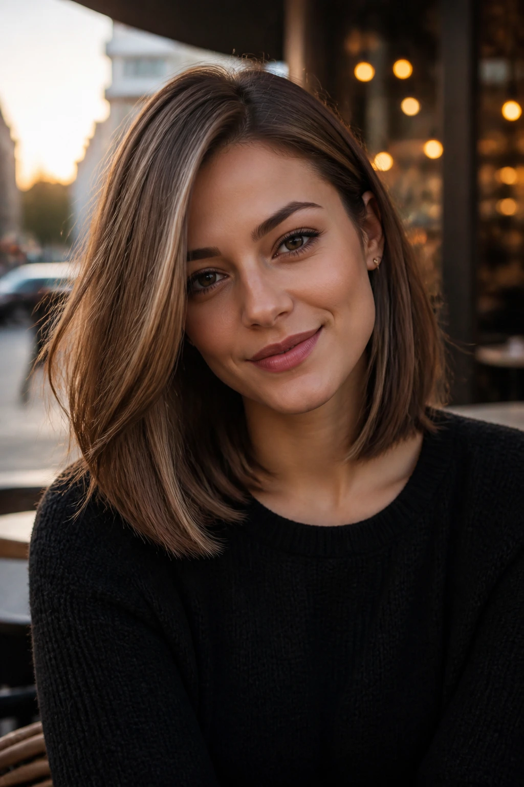 Close-up portrait of a real person with an off-center part lob hairstyle.