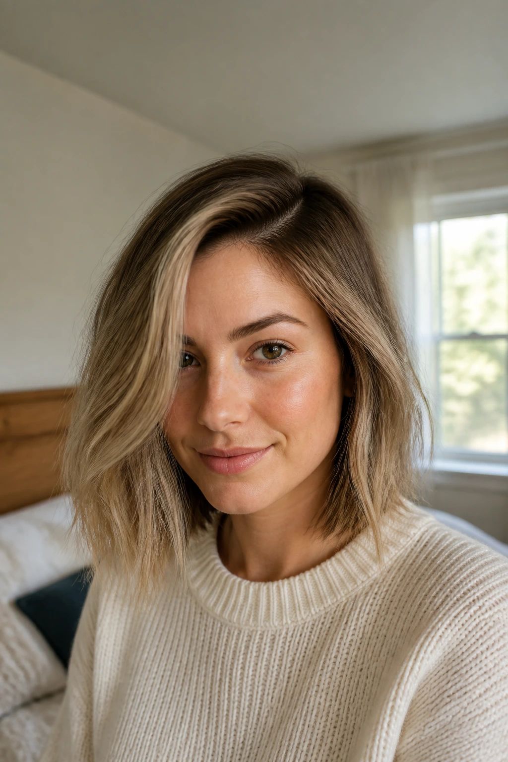 Close-up of a real woman with an off-center part lob in a cozy bedroom setting.