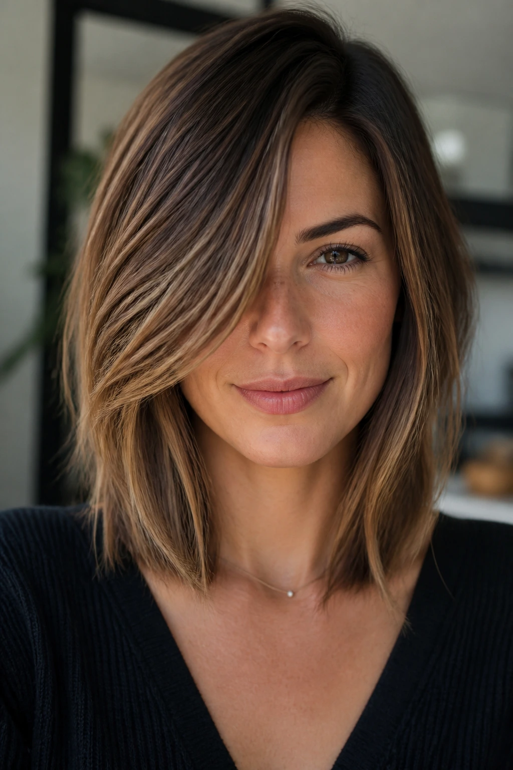 Portrait of a real woman with off-center part lob and long blended fringe