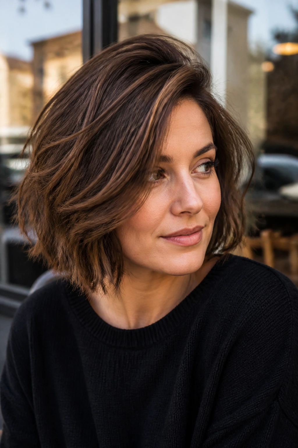 Real woman with off-center part shag bob with soft layers