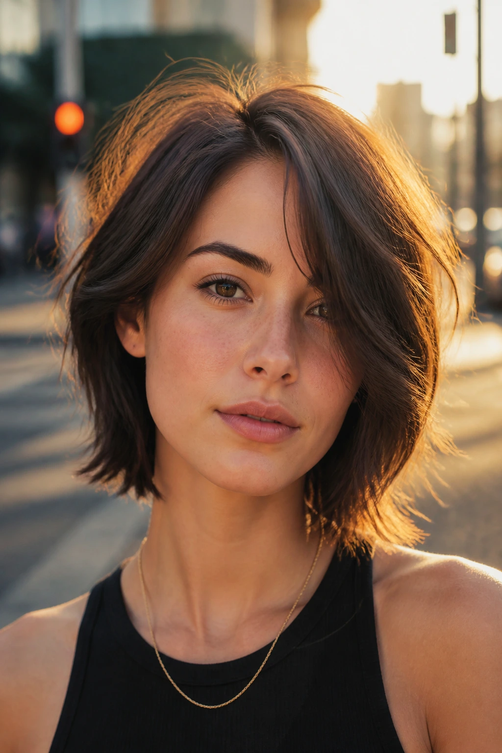 Portrait of a woman with an off-center part shag in urban golden hour light.