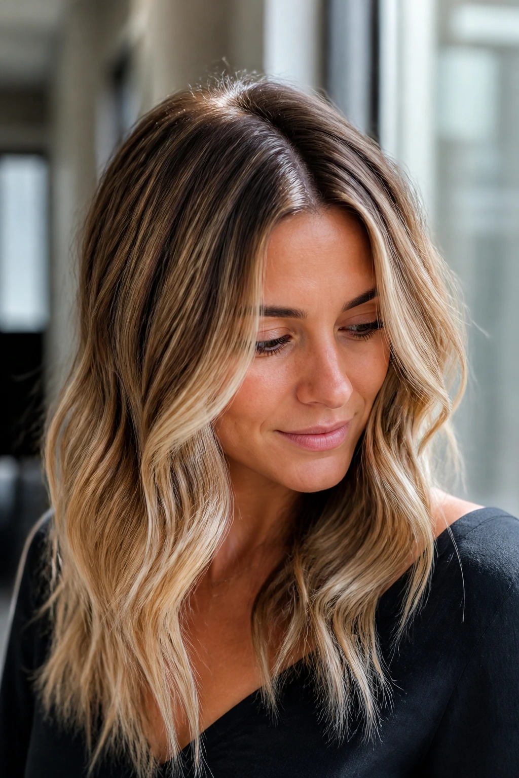 Close-up portrait of a woman with off-center part and loose waves highlighting hair