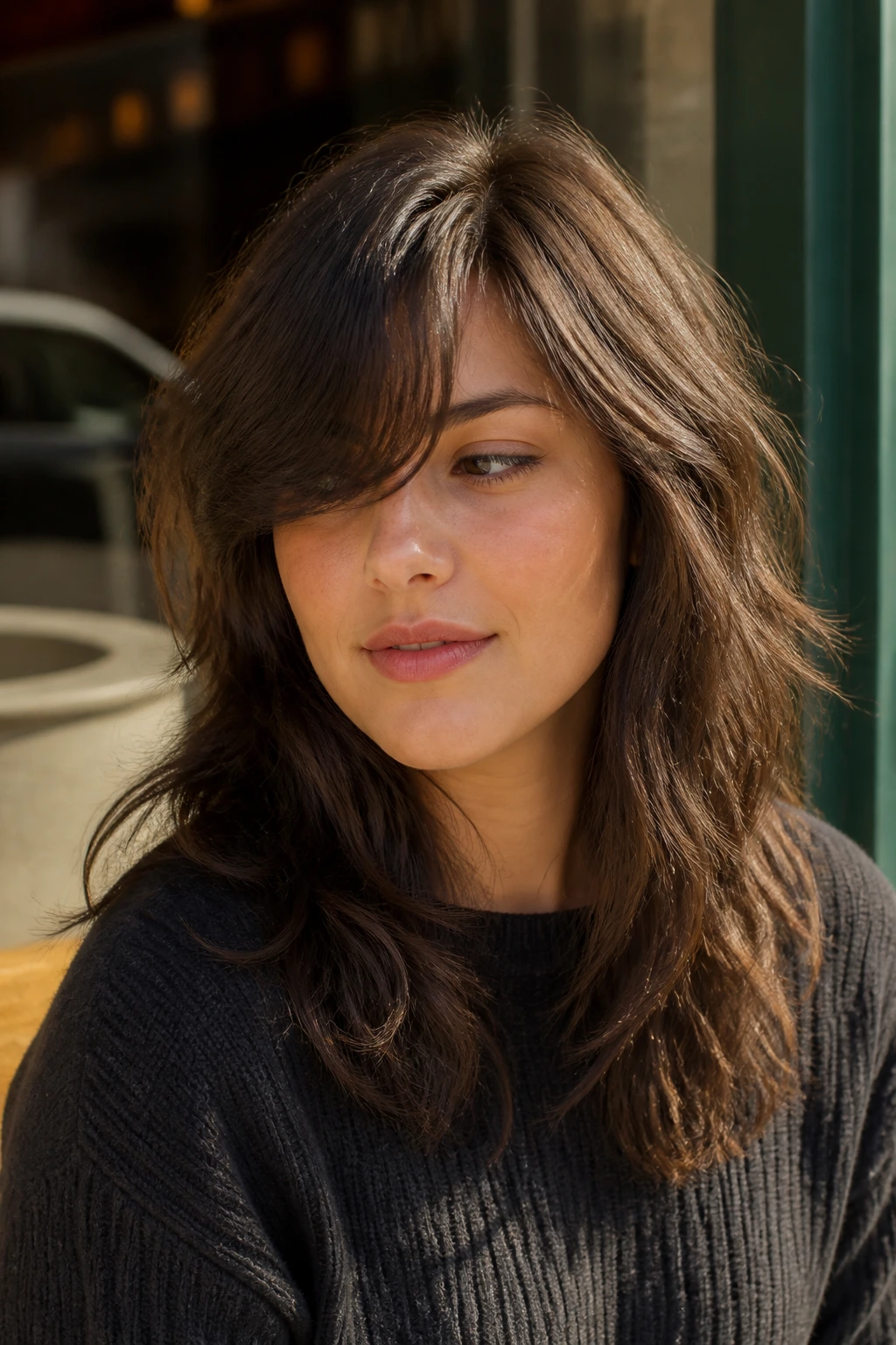 Portrait of person with off-center part and sweeping bangs