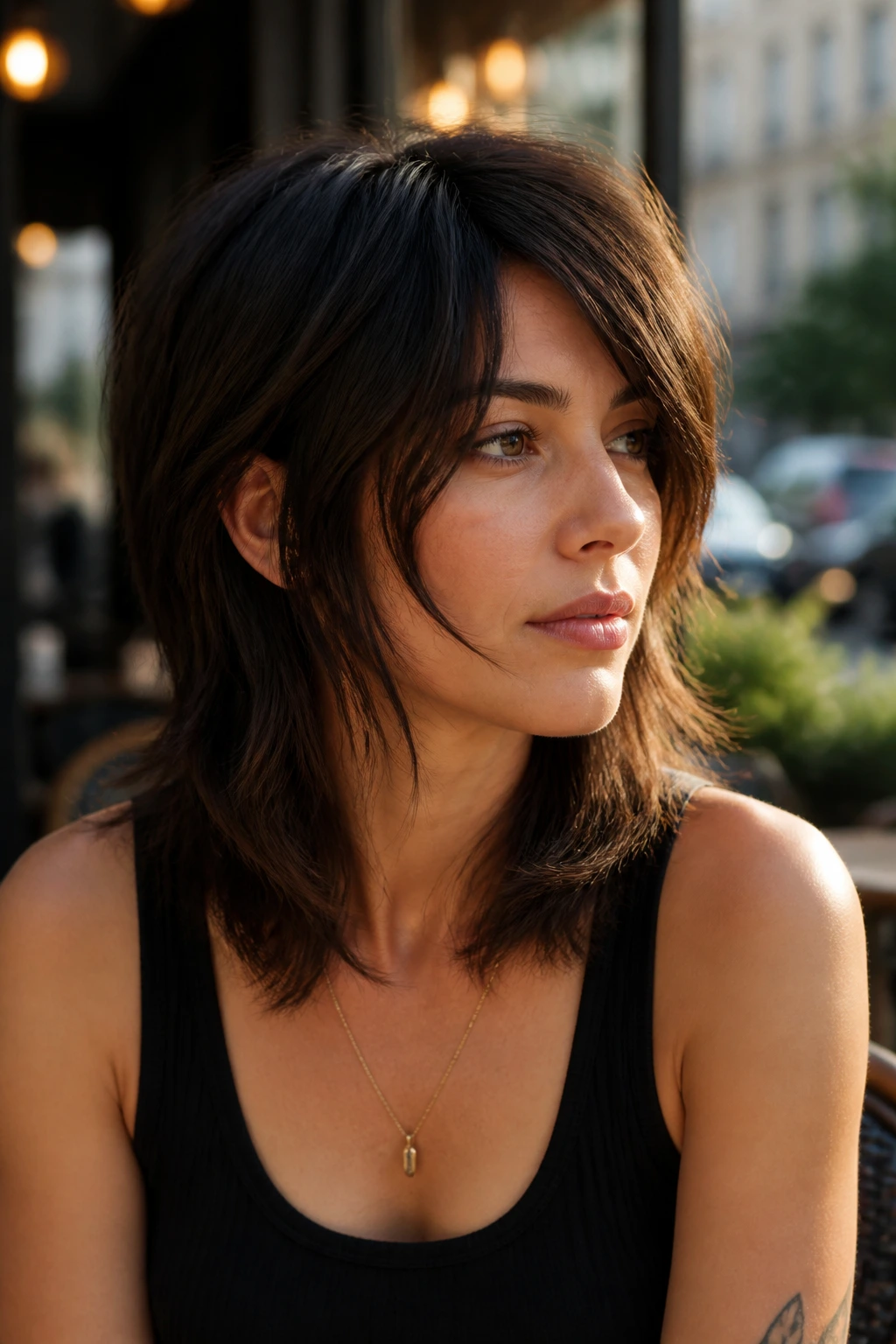 Real person with off-center shag and long cheekbone pieces in golden hour light.