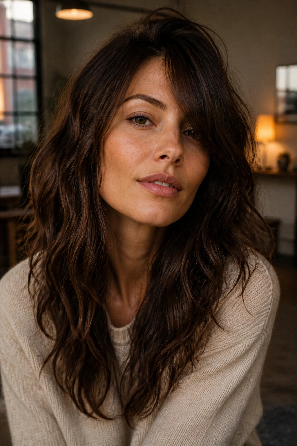 Close-up portrait of a real woman with off-center long shag showing asymmetrical lift